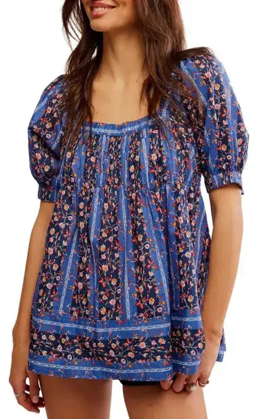 Free People Blouse Size L Blue Floral Short Sleeve Square Neck Cotton